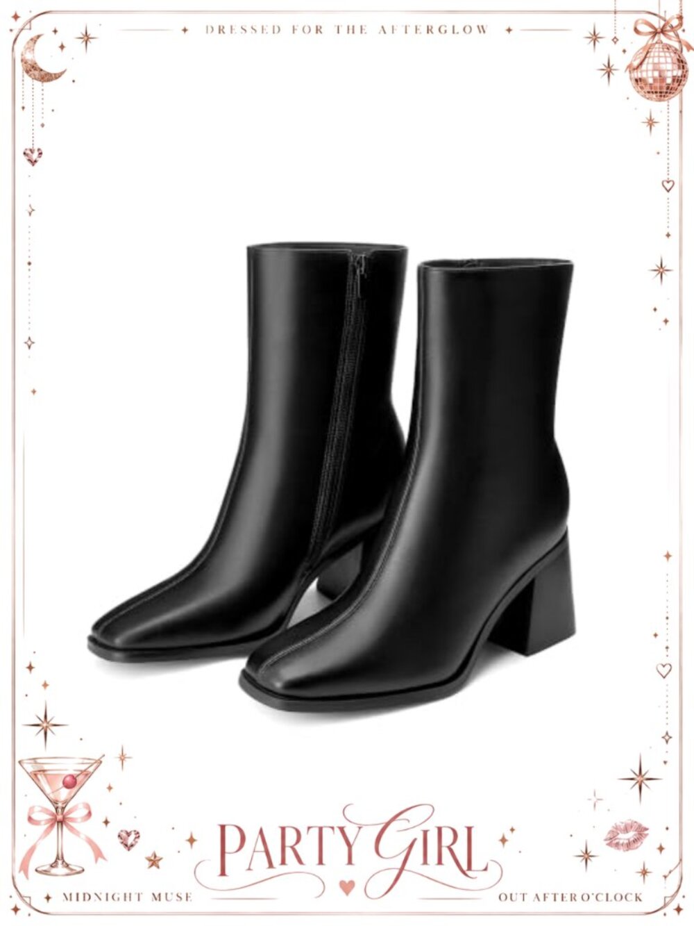 Faux Leather Square Toe Block Heel Ankle Bootie with Cushioned Insole